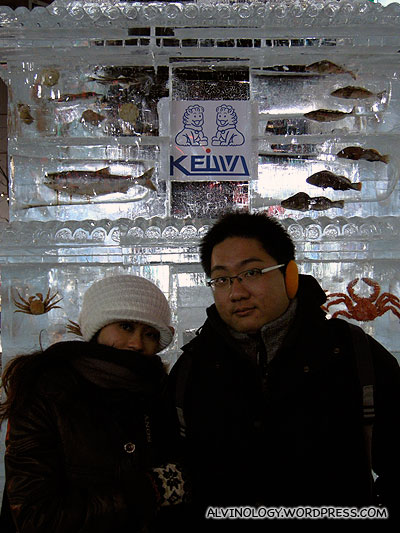 Ice sculpture with embedded frozen seafood