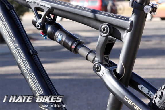 Close up view of the hydroformed top tube and shock
