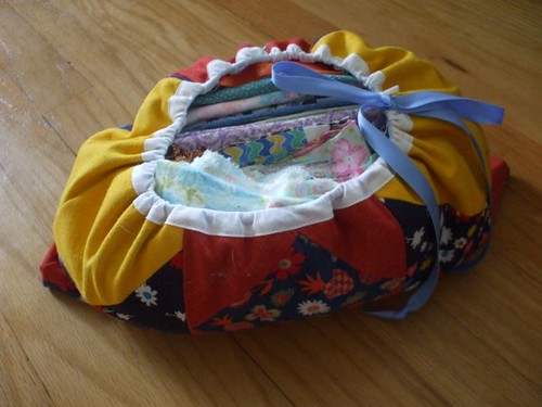 the patchwork drawstring bag I made Sarah