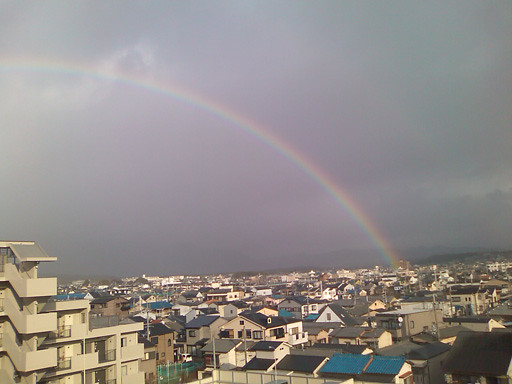 今朝、玄関から出ると大きな虹が見えました...