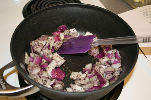 Add onion, salt, pepper, and herbs and saute over medium heat for about 5 minutes.