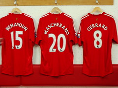 Liverpool FC midfielder shirts: Yossi Benayoun, Javier Mascherano and Steven Gerrard
