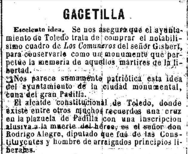 Noticia del interés del Ayuntamiento de Toledo en adquirir el cuadro de Los Comuneros de Gisbert el día 9  de noviembre de 1860 en el periódico La Iberia