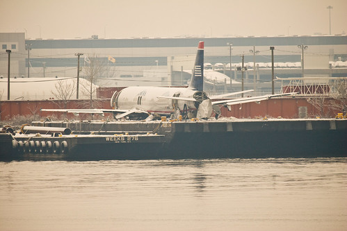 US Airways Flight 1549 on a barge in Weeks Marina