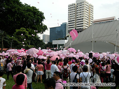 Crowd releasing the pink balloons into the sky