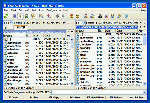 Captura de Total Commander mostrando dos paneles de archivos y alguna pestaña