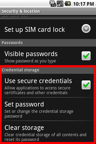 Screenshot of Android settings for credential storage
