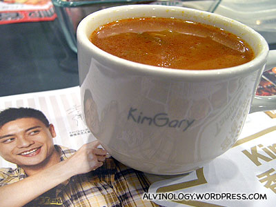 Soup is served in a mug
