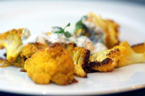 roasted cauliflower with indian spices and yogurt dip