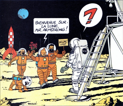 Tintin and friends greet Armstrong