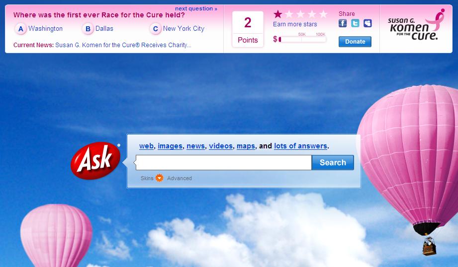 Ask.com home page skin for Susan G. Komen for the Cure