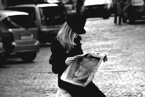 blond woman reading