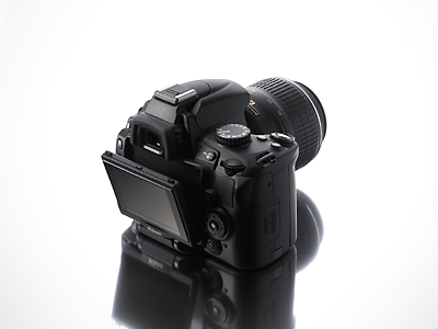 The Nikon D5000 Digital SLR camera, with the rear, tilt-swivel LCD monitor slightly opened