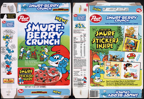 Smurf Berry Crunch cereal 1980s metal tin sign colorful wall art living room 