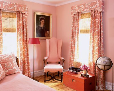 The pinkest pink: Benjamin Moore 'Conch Shell' in Hamptons bedroom, from Elle Décor