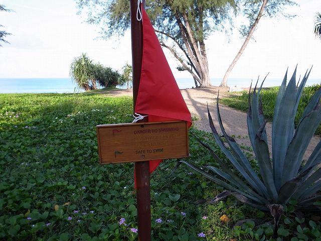 <p>海の状況を知らせる旗。<br/>赤は遊泳禁止です！！</p>