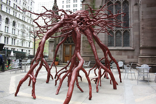 The fall of the world trade centre knocked over the sycamore tree in the churchyard, so they made this sculpture out of it's roots system