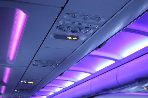Cool mood lights on the Virgin America plane