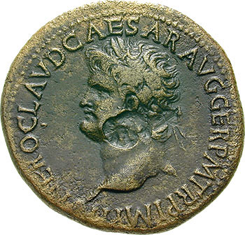 Nero 54-68 AD. Dupondius (AE; 30-31mm; 12.01g; 7h) ca AD 65. NERO CLAVD CAESAR AVG GER P M TR P IMP P P Laureate bust of Nero to left. Rev. VICTORIA – AVGVSTI / S – C Victory, draped, advancing to left, holding wreath in right hand and palm in left; in fi
