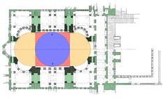 Plan with Dome in Blue, Pendentives in Red, Half Domes in Yellow, and Piers and Masonry Supports in Green