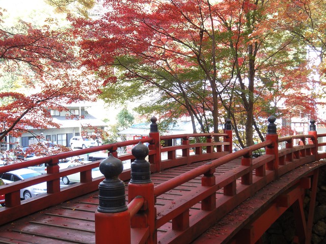 本堂へはこの赤い橋を渡っていきます。｜両界山横蔵寺