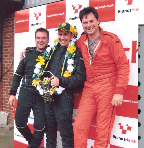 A Brands Hatch podium – the race winner Adie Hawkins flanked by Ian Stapleton and Roger Evans.