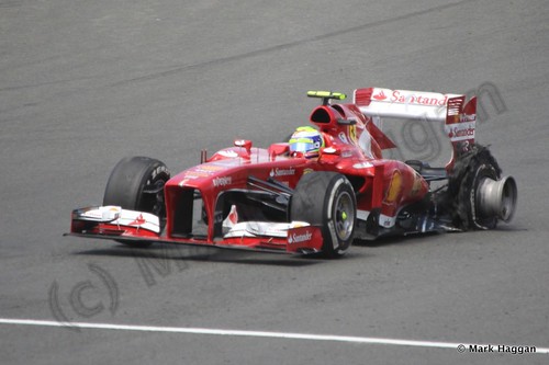 Felipe Massa's tyre suffers catastrophic failure during The 2013 British Grand Prix