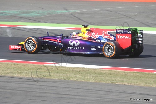 Sebastian Vettel in his Red Bull during Free Practice 1 at the 2014 British Grand Prix