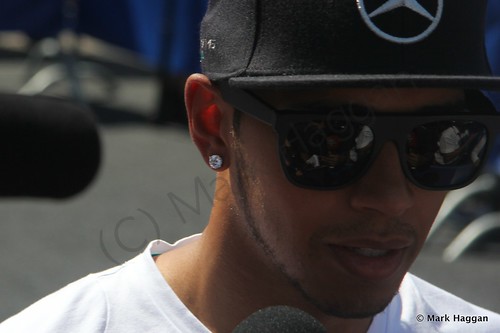 Lewis Hamilton in the media pen after qualifying for the 2014 German Grand Prix