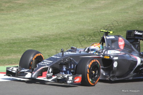 Esteban Gutierrez in his Sauber during Free Practice 1 at the 2014 British Grand Prix