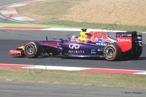 Sebastian Vettel in his Red Bull during Free Practice 1 at the 2014 British Grand Prix