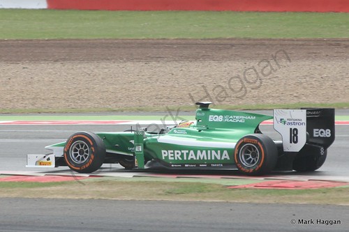 Rio Haryanto in his EQ8 Caterham during the first GP2 race at the 2014 British Grand Prix weekend