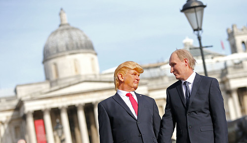 Presidents Vladimir Putin and Donald Trump arrived in London on horseback for Paddy Power, London, UK, 13th March 2017(satire image), From FlickrPhotos