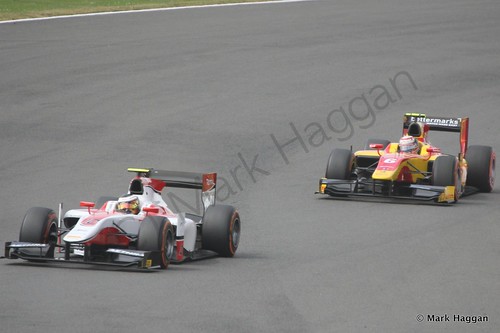 GP2 action during the first race at the 2014 British Grand Prix