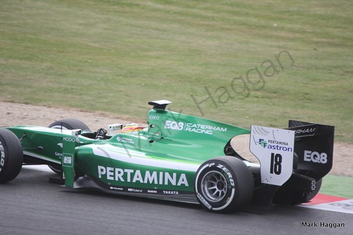 Rio Haryanto in his EQ8 Caterham car in qualifying in GP2 at the 2014 British Grand Prix