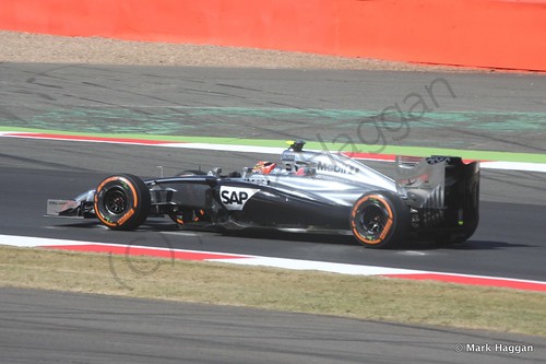 Kevin Magnussen in his McLaren during Free Practice 1 at the 2014 British Grand Prix