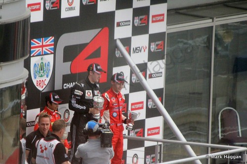 The podium for the second BRDC F4 race at Brands Hatch in August 2014