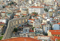 Greece, Macedonia, Kavala, old town and Kamares aqueduct view from the castle hill