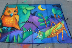 Colorful Owl and Grasshopper chalk art by Heather Brown • <a style="font-size:0.8em;" href="http://www.flickr.com/photos/34843984@N07/15520780366/" target="_blank">View on Flickr</a>
